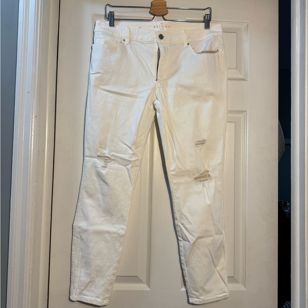 WHBM Blanc Skinny White Distressed Ankle Jeans Size 12 Stretch Denim
